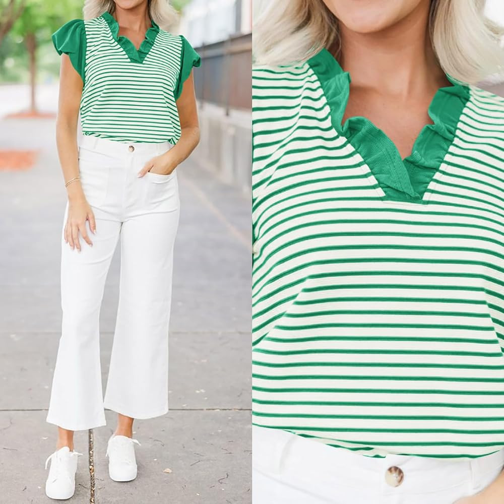 Tankaneo Womens Ruffle Cap Sleeve Tank Tops Cute Summer Striped Shirts Puff Sleeve Pleated V Neck... | Amazon (US)