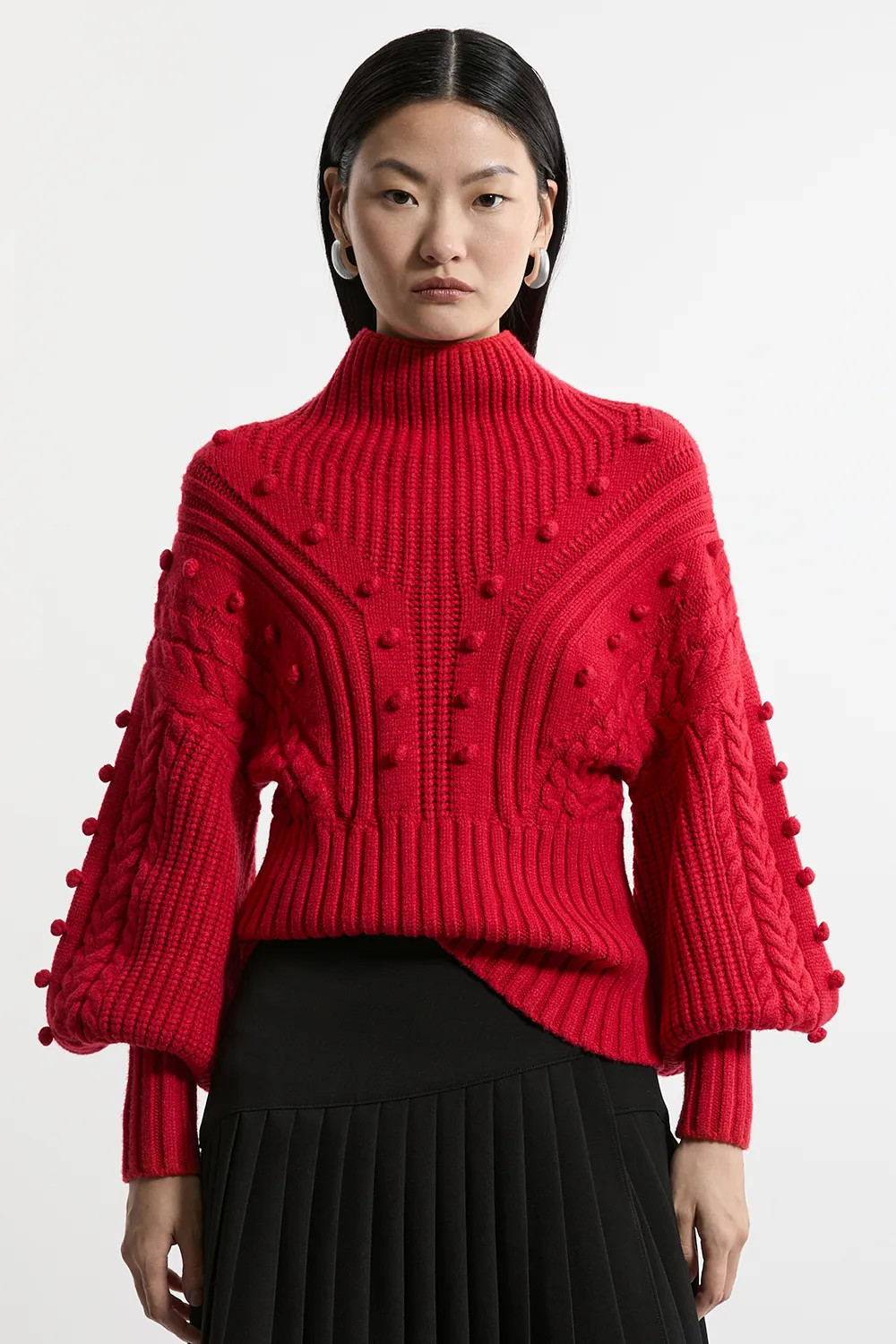 Bobble Detail Balloon Sleeve Cable Knit Viscose Blend Jumper | Karen Millen UK + IE + DE + NL