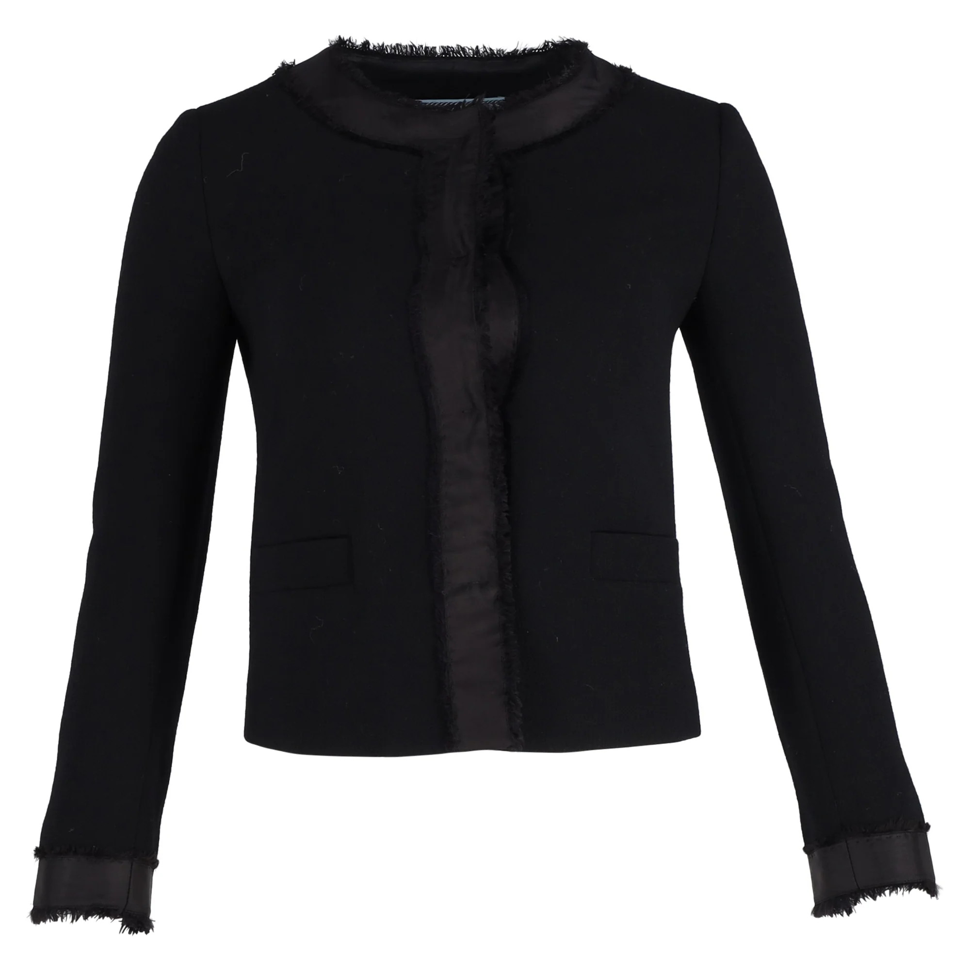 Prada Cropped Lace Trim Jacket in Black Wool | Shop Simon