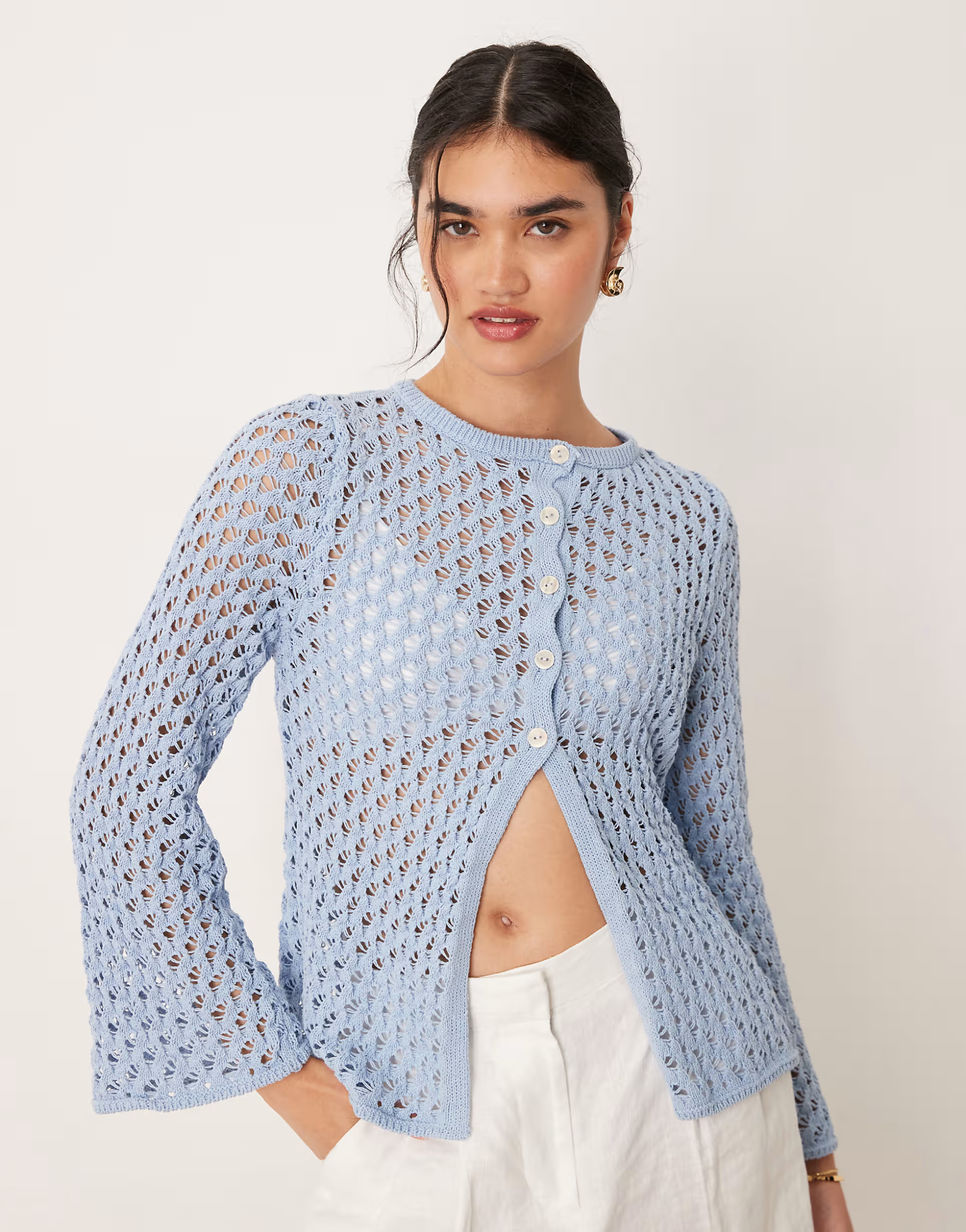 ASOS DESIGN open crochet knit cardigan in pale blue | ASOS | ASOS (Global)