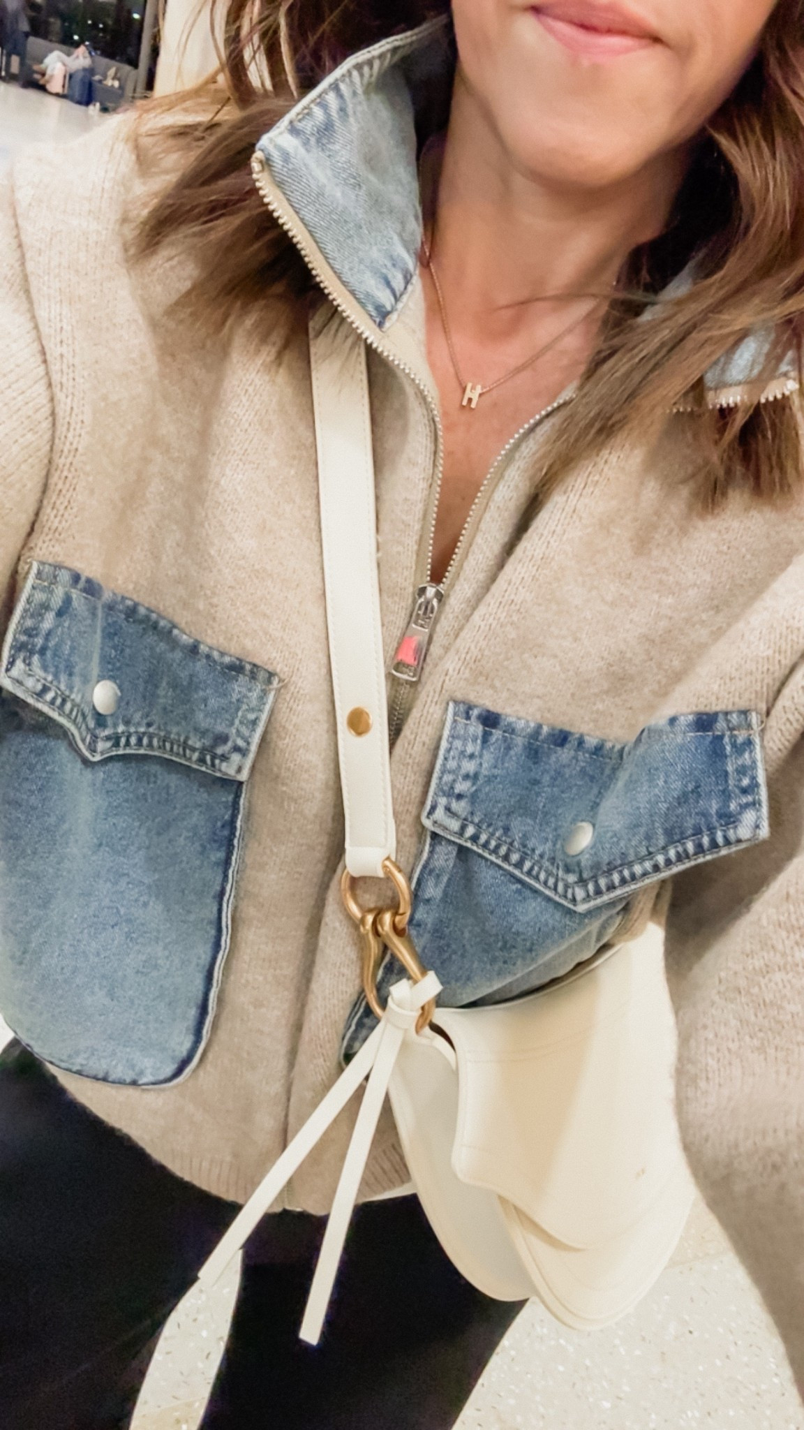 Knit zip up with denim details. Unique and fun. 
Size S sweater 
XS tee. S pants in regular  


#LTKmomlife #LTKOver40 #LTKSeasonal