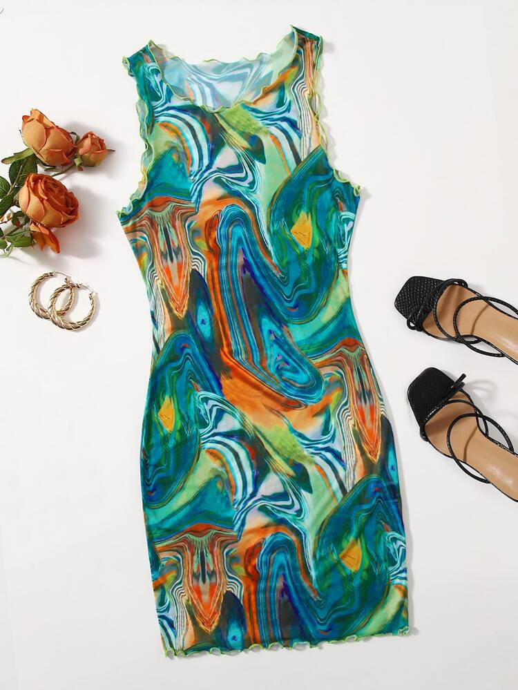 SHEIN Lettuce Trim Marble Print Bodycon Dress | SHEIN