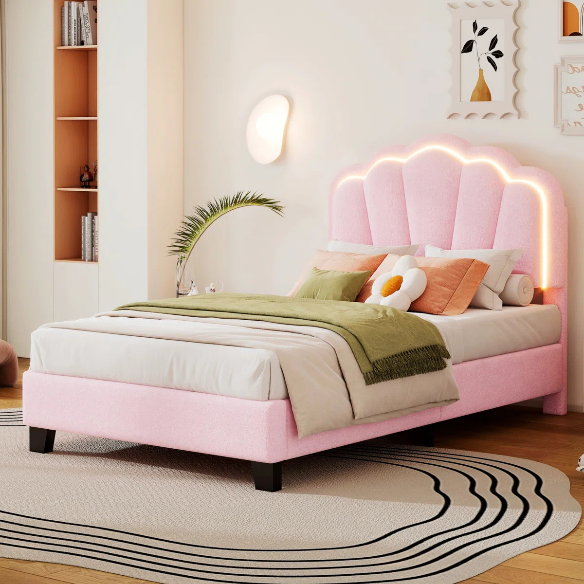 Platform Bed Frame, Upholstered Flower-Shape Bed With LED Light Strip | Wayfair North America