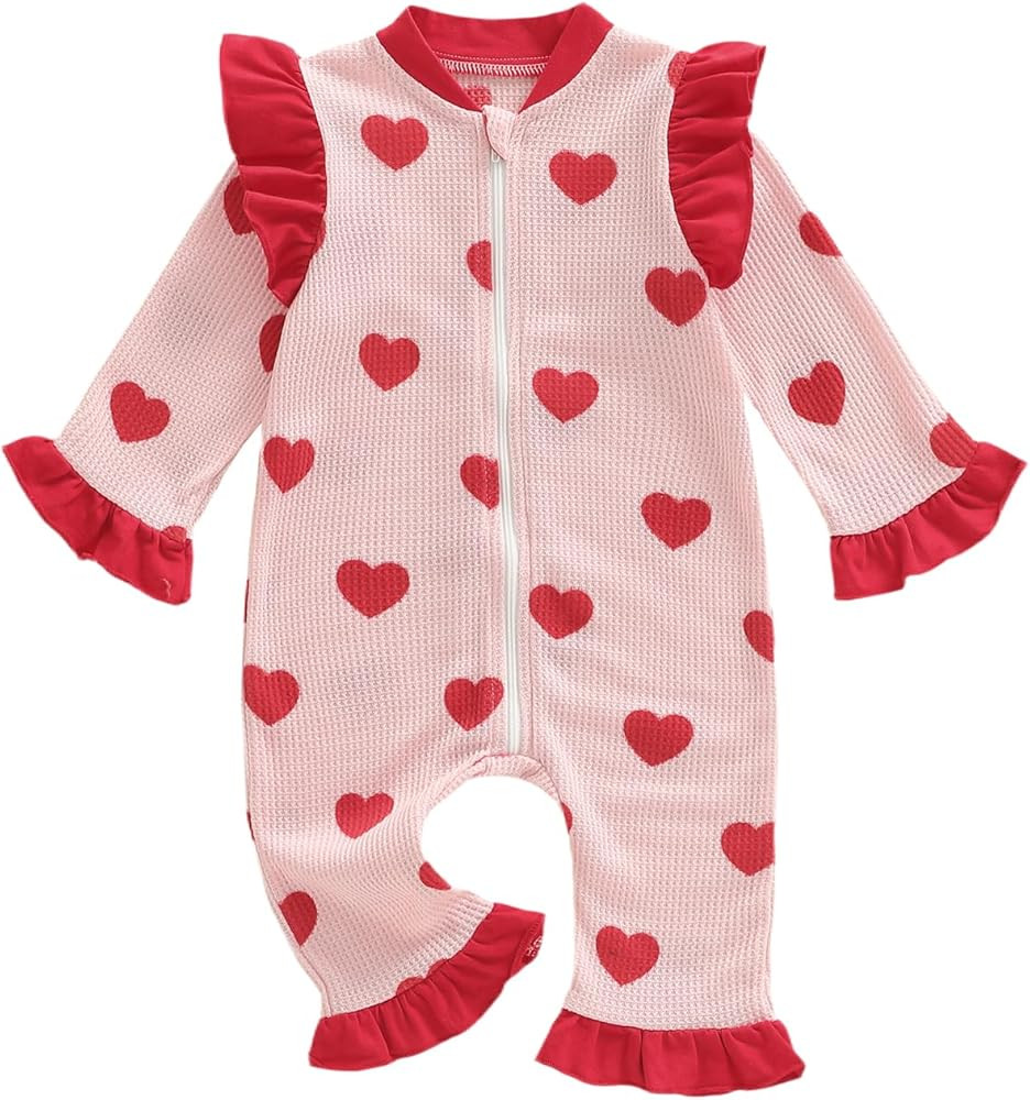 Newborn Baby Girl Valentine Onesie Outfit Heart Bow Print Ruffled Long Sleeve Zip Up Romper Infan... | Amazon (US)