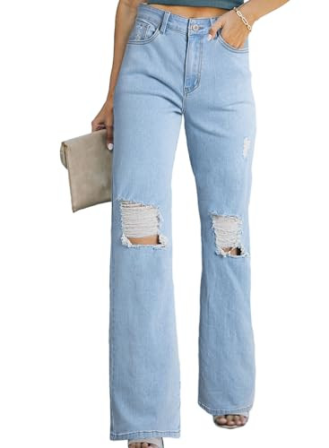 Sidefeel Women's High Waisted Ripped Flared Jeans Destroyed Wide Leg Denim Pants Mist Blue Size 12 | Amazon (US)
