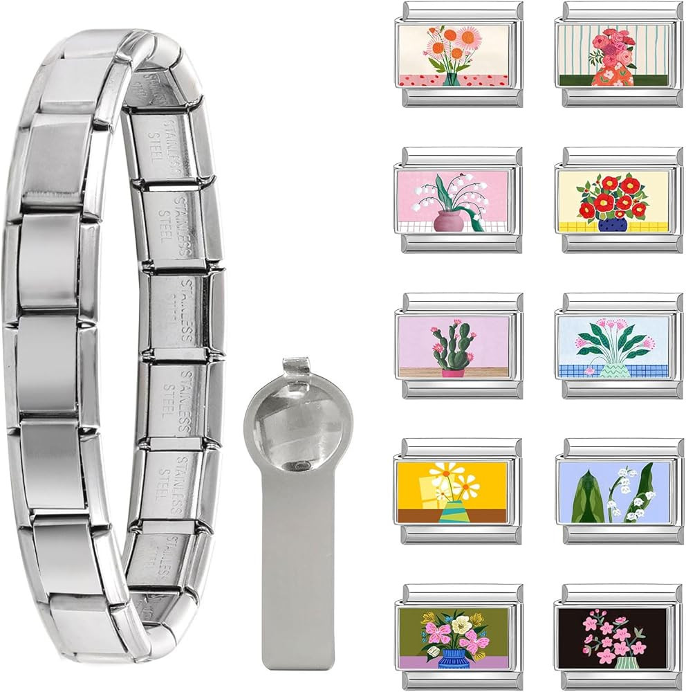 papasgix Italian Charm Bracelet Charms Silver Set with Starter Brascelet, Flowers Assorted Italia... | Amazon (US)