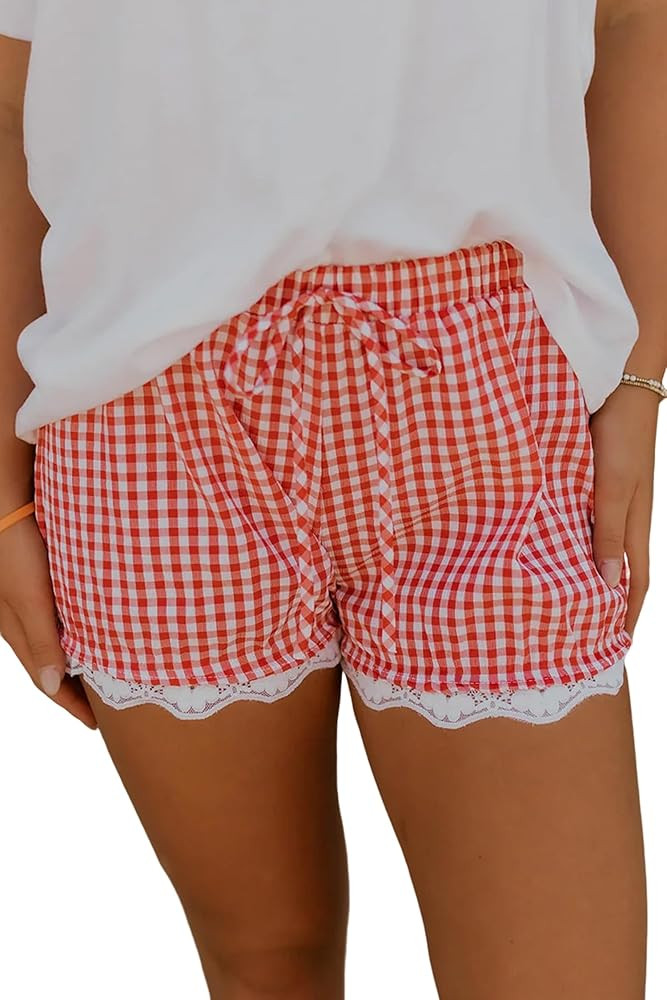 SELINK Women Casual Loose Gingham Plaid Lace Patchwork Hem Shorts Cute Tie Elastic High Waist Str... | Amazon (US)