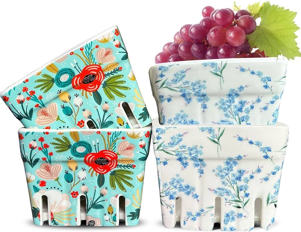 LEAZUL Ceramic Berry Basket Set of 4, Colander,Farmhouse Fruit Bowls,Rustic Kitchen Stoneware Ber... | Amazon (US)