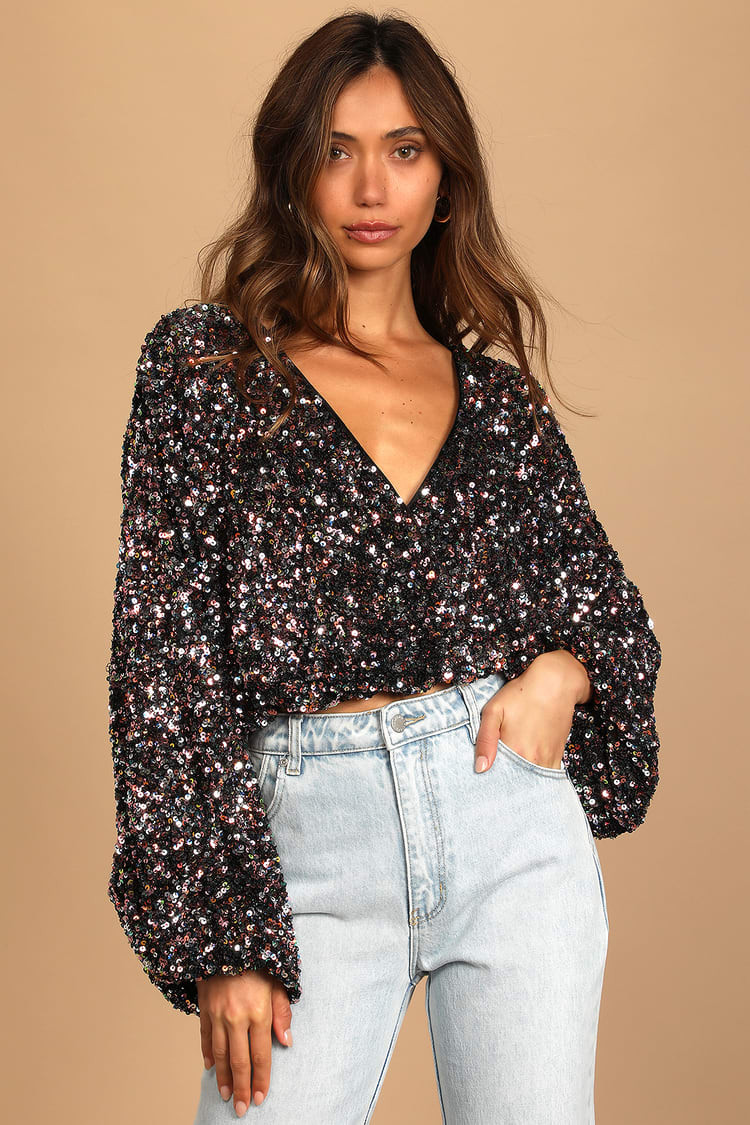 Keep Dazzling Pink Multi Sequin Long Sleeve Crop Top | Lulus