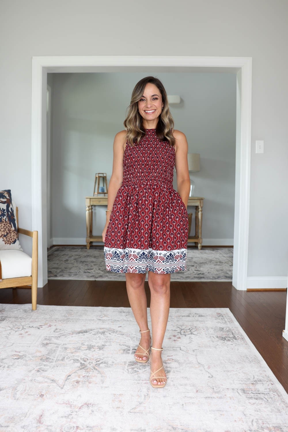 Five above the knee dresses for petites! 

Burgundy dress (LOFT): petite xxs - 100% cotton, fully lined, fits well at arm openings