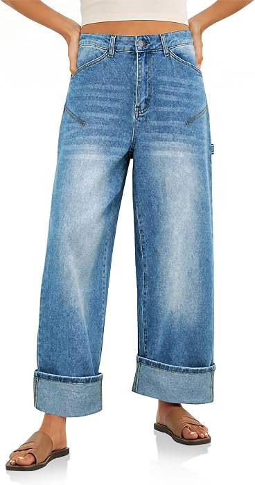 Cicy Bell Womens Striped Wide Leg Jeans Baggy Cuffed Denim Pants | Amazon (US)