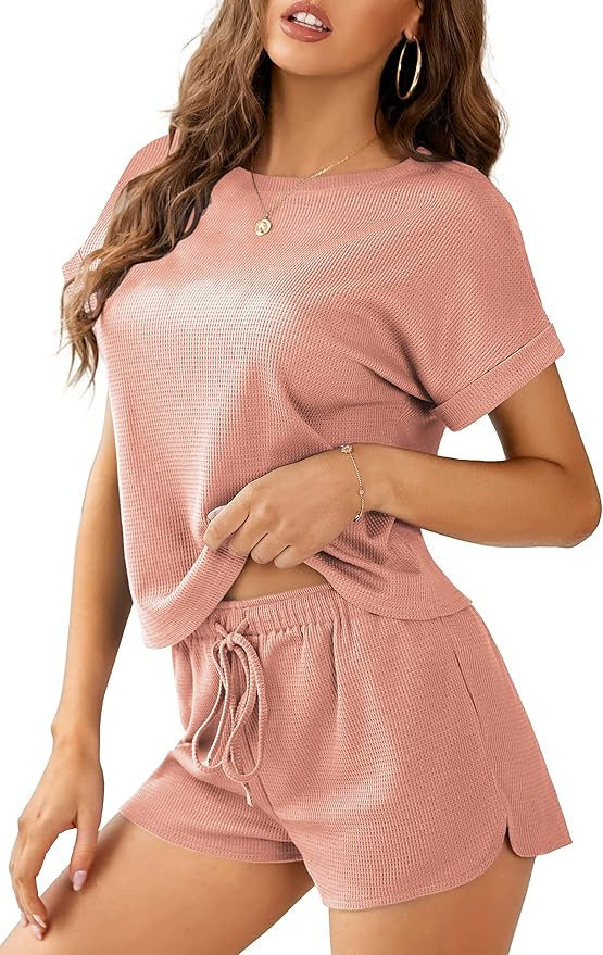 Aifer Women's Waffle Knit Pajama Set Short Sleeve Top and Shorts Jogging Suit Loungewear Athletic... | Amazon (US)