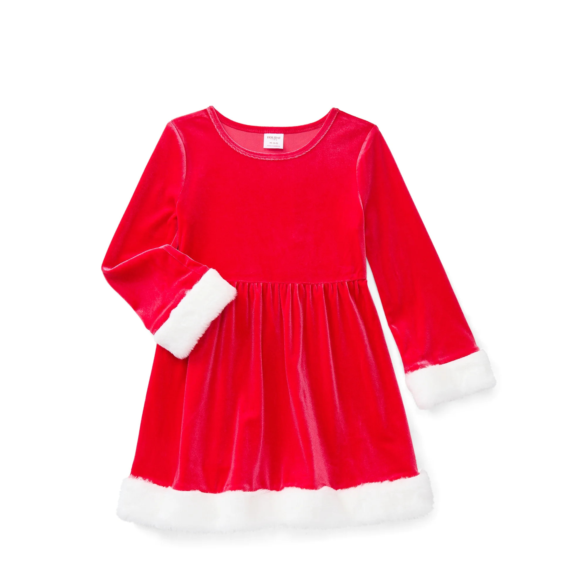 Holiday Time Girls Santa Velour Dress with Long Sleeves, Sizes 4-18 | Walmart (US)