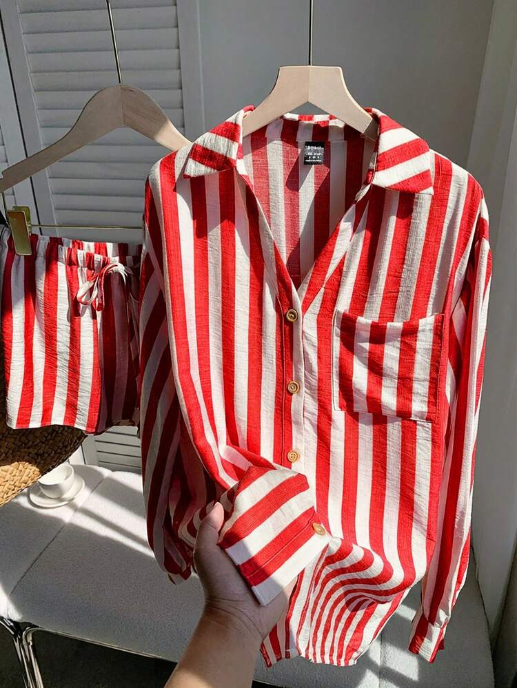 Comfortcana 2pcs Women Woven Striped Front Button Long Sleeve Top And Shorts Set, Red & White | SHEIN