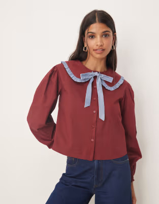 Glamorous oversized collar blouse in burgundy blue | ASOS (Global)