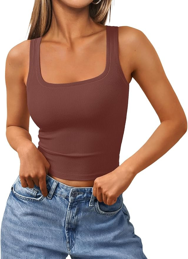 Trendy Queen Women's Summer Square Neck Tank Tops Workout Cropped Ribbed Summer Camisole Sleevele... | Amazon (US)