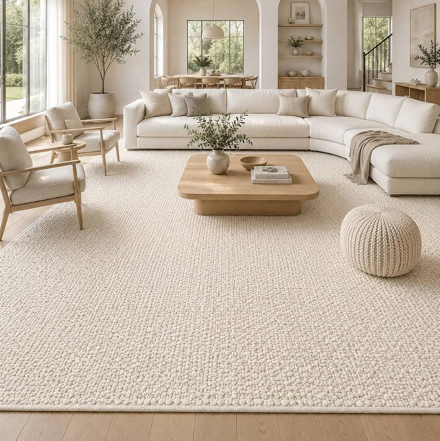 Handwoven Wool Area Rug - Hand Woven Natural Carpet Rugs- Bedroom Living Room Dining Room (Ivory-... | Amazon (US)