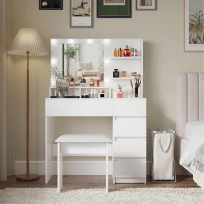 Vanity, Makeup Vanity Desk Set With Mirror & Light, Dressing Table Storage Lots , 3 Lighting Modes With Adjustable Brightness, White With Stool | Wayfair North America