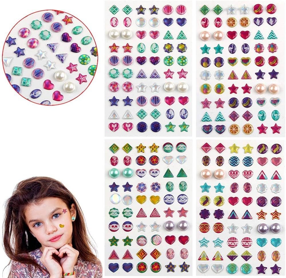 AUGSUN 240 Piece Sticker Earrings 3D Gems Sticker Girls Sticker Earrings Self-Adhesive Glitter Cr... | Amazon (US)