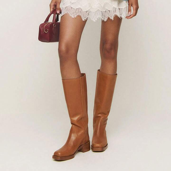 Women's Brown Knee High Boots Square Toe Chunky Block Heel Long Boots For Women Comfortable Pull On Wide Calf Riding Boots | SHEIN