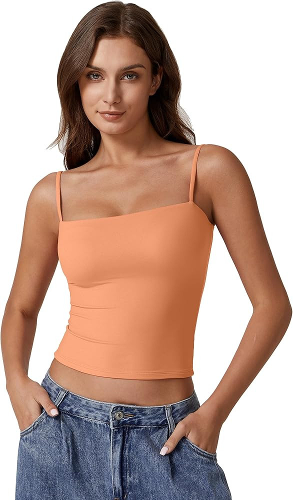 QINSEN Women's Double Lined Basic Tank Top Adjustable Spaghetti Straps Sleeveless Camisole Shirts | Amazon (US)