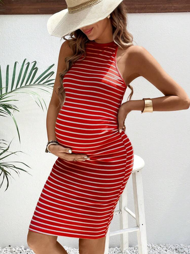 SHEIN Maternity Summer Simple Striped Off-Shoulder Printed Dress | SHEIN
