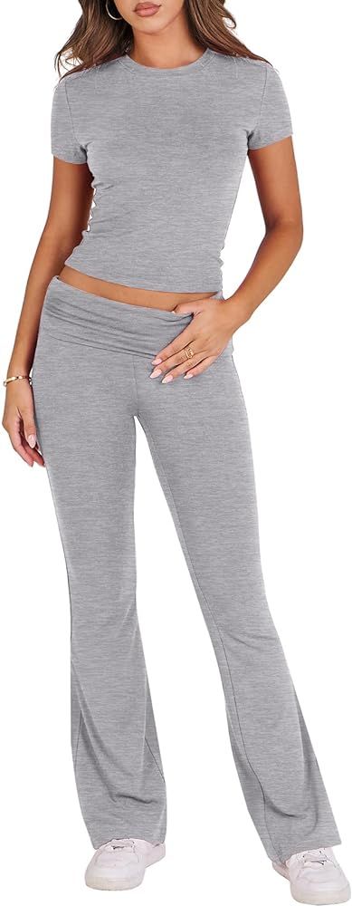 ANRABESS Women's 2 Piece Lounge Sets Fold-over Flare Pants Set Shorts Sleeve Y2K Cropped Top Casu... | Amazon (CA)
