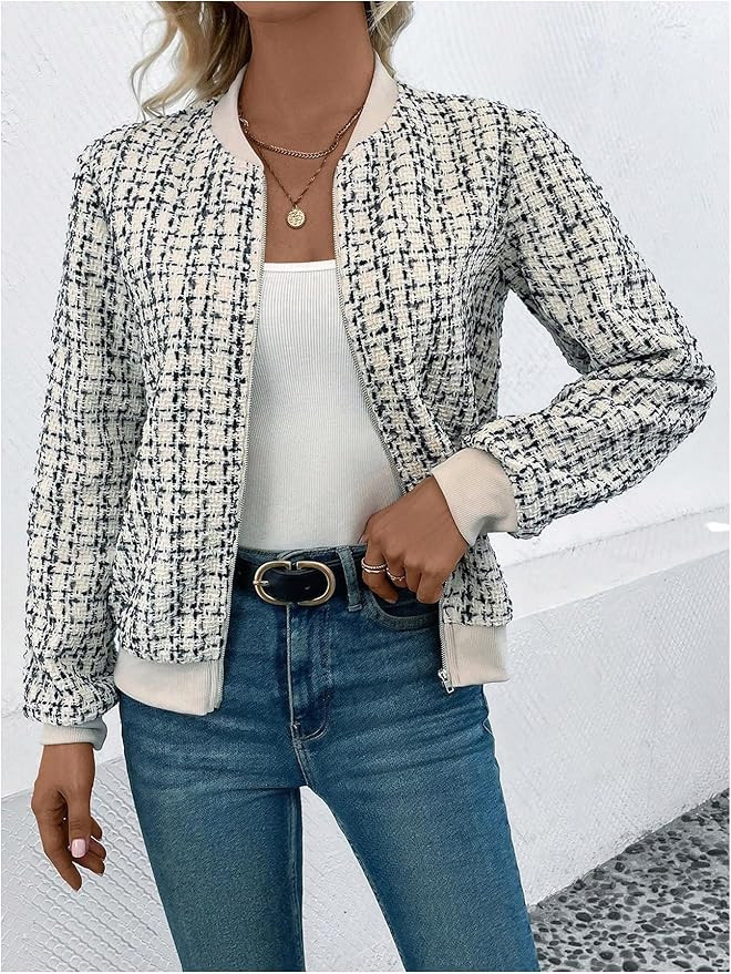 Floerns Women's Plaid Print Zip Up Bomber Jacket Casual Long Sleeve Coat Outwear | Amazon (US)