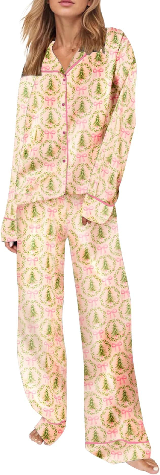 Faretumiya Women Silk Satin Christmas Pajamas Xmas Long Sleeve Sleepwear Holiday Print Two Piece ... | Amazon (US)