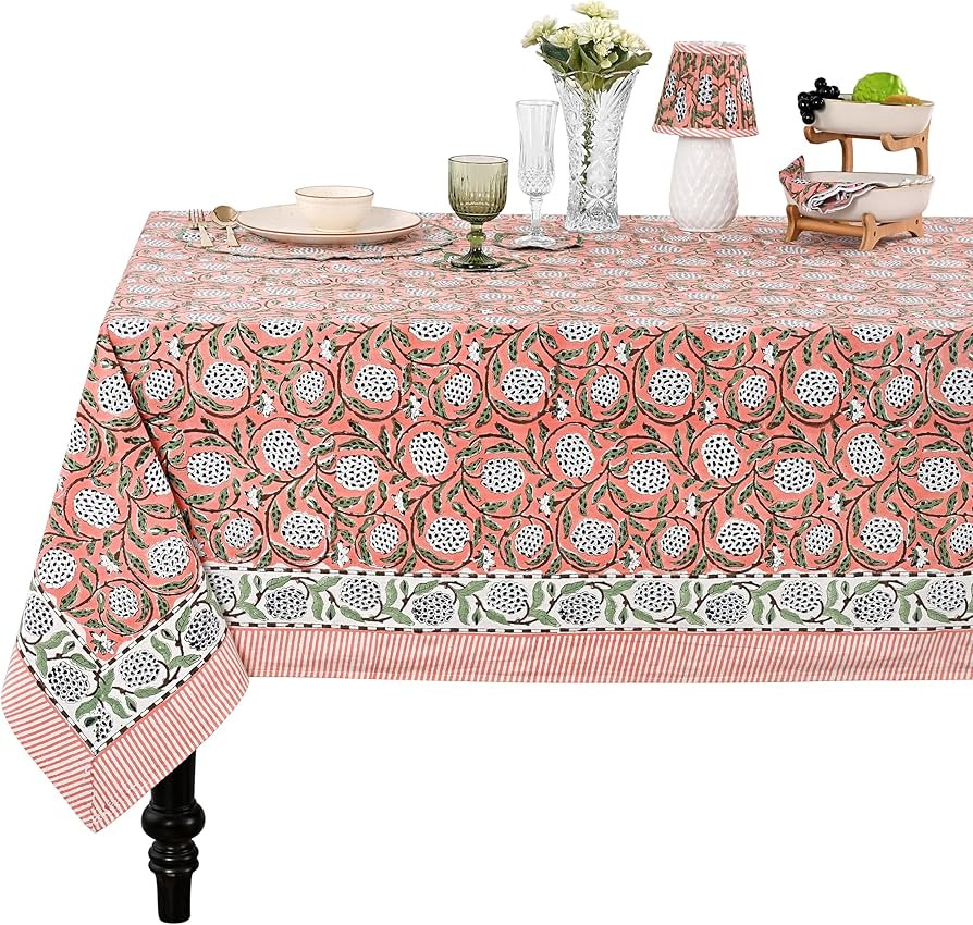 Ridhi Hand Block Print Dark Salmon Pink Rectangle Cotton Tablecloth 108" x 70" Reusable Table Cov... | Amazon (US)