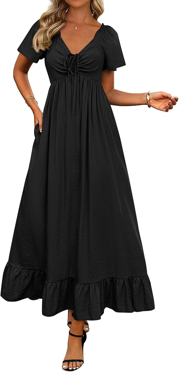 BTFBM Womens Spring Dresses 2025 Casual Short Sleeve V Neck Drawstring Wedding Guest Maxi Dresses... | Amazon (US)