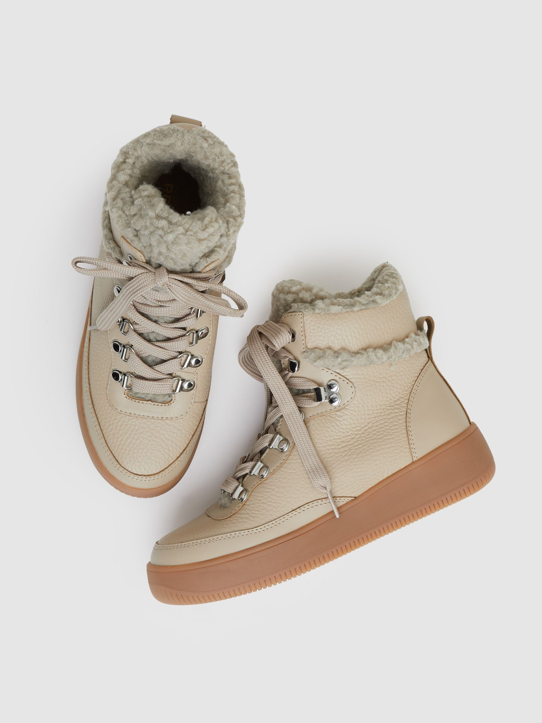 Reiss Grained Leather and Fleece Ankle Boots in Cream - REISS | Reiss UK