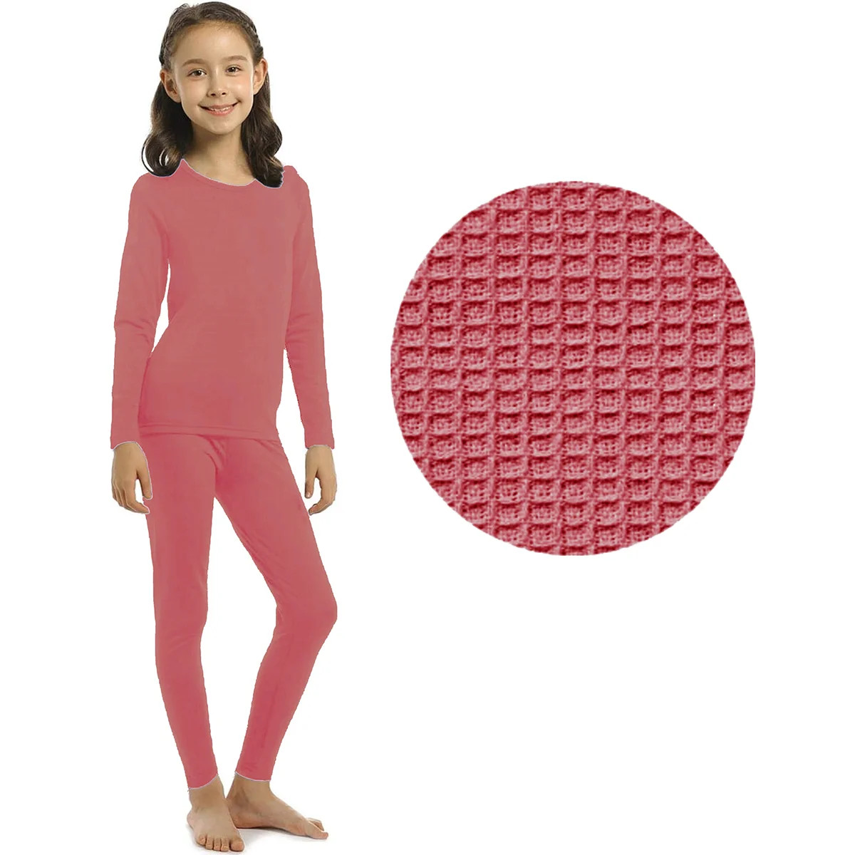 Girls Cotton Blend Waffle Knit Thermal Top & Bottom Underwear Set, Fuchsia, Medium | Walmart (US)