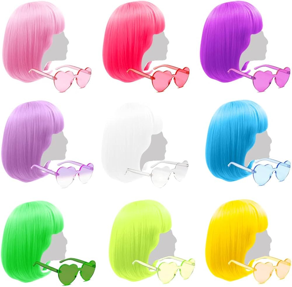 9 Pieces Colorful Bob Wig, 12" Straight with Flat Bangs, Bubble Gum Series Colored Party Wigs, Wi... | Amazon (US)