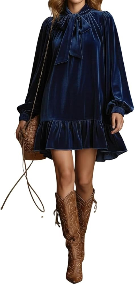 Womens Velvet Bow Tie Neck Mini Dress Vintage Lantern Sleeve Ruffle Hem Velour Loose Fit Flowy Dr... | Amazon (US)