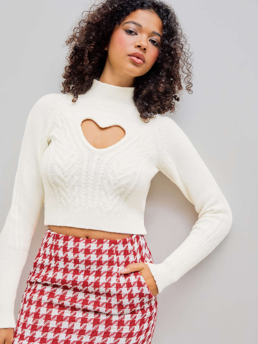High Neck Heart Detail Knitted Long Sleeve Crop Top | Cider