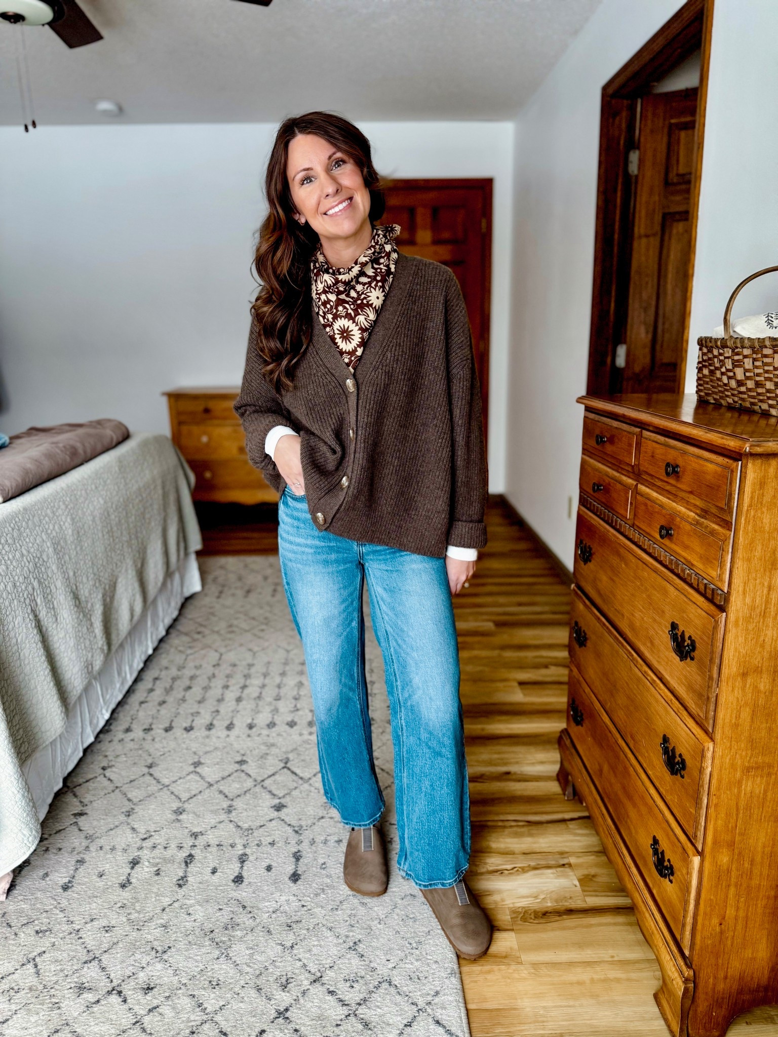 Wearing small in the cardigan, small in the long sleeve and 24 in 26” inseam in my jeans. My clogs fit true to size at a size 6. My scarf was a Christmas gift. 