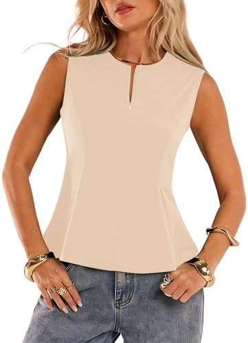 Womens Summer Peplum Tank Tops Sleeveless Zipper High Neck Dressy Casual Blouses Business Work Ou... | Amazon (US)
