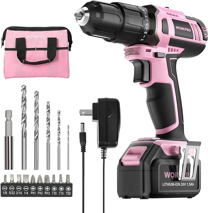 Amazon.com: WORKPRO Pink Cordless 20V Lithium-ion Drill Driver Set, 1 Battery, Charger and Storag... | Amazon (US)