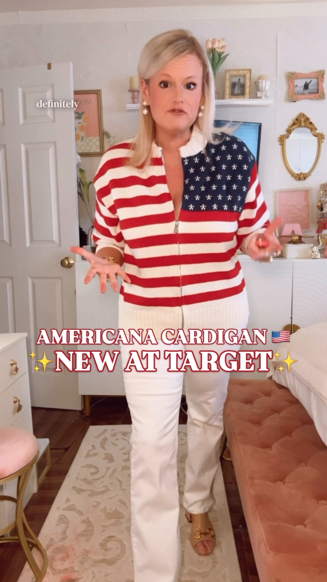 Target Americana cardigan | July 4th outfit | Target finds | Fourth of July outfit | preppy summer style

This Target Americana cardigan is such a great July 4th outfit find and preppy staple for honestly all seasons. 

The red and white stripes, navy flag detail, full zip front, ribbed trim, shawl-style neckline, and classic cream base give it that vintage-inspired preppy Americana look that feels perfect for summer. It looks like the kind of piece you would find in a beach town boutique or packed for a New England lake weekend, but it is Target.

I’m in a large. I sized up, and if you are between sizes, I would recommend sizing up.

This is the layer to throw on with white jeans, denim shorts, a white tee, tank dress, swimsuit, active dress, linen shorts, or over your shoulders with a casual summer outfit. It works for Fourth of July outfits, July 4th fireworks, lake weekends, boat days, beach nights, cookouts, parades, summer travel, school pickup, errands, and cool summer nights.

If you love Target style, Target finds, Americana style, red white and blue outfits, patriotic outfits, preppy summer outfits, flag sweaters, coastal summer style, New England summer outfits, and affordable designer-inspired pieces, this is a great Target find! 

Target Americana cardigan, Target cardigan, Target finds, Target style, Target fashion finds, Target new arrivals, July 4th outfit, Fourth of July outfit, 4th of July outfit, Americana outfit, Americana style, patriotic outfit, red white and blue outfit, American flag cardigan, flag cardigan, flag sweater, preppy summer outfit, coastal summer outfit, New England summer outfit, lake weekend outfit, boat day outfit, beach weekend outfit, summer layer, designer look for less

#LTKFindsUnder50 #LTKFindsUnder100 #PreppyStyle #LookForLess #RalphLauren #FlagSweater #TargetFinds #TargetStyle #GoingViral

#LTKSaleAlert #LTKSeasonal #LTKootd