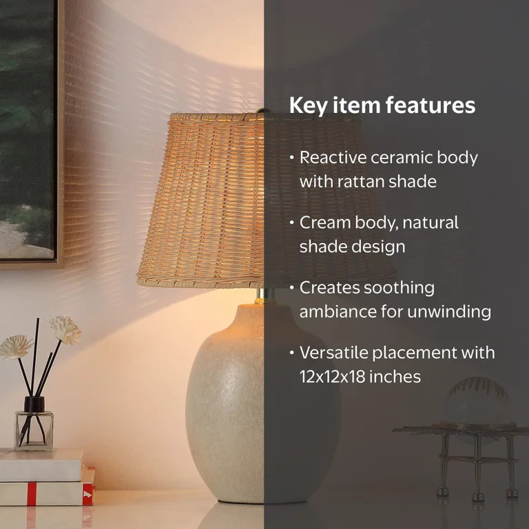 Better Homes & Gardens Cream Ceramic Table Lamp with Rattan Shade, 18 Inches | Walmart (US)