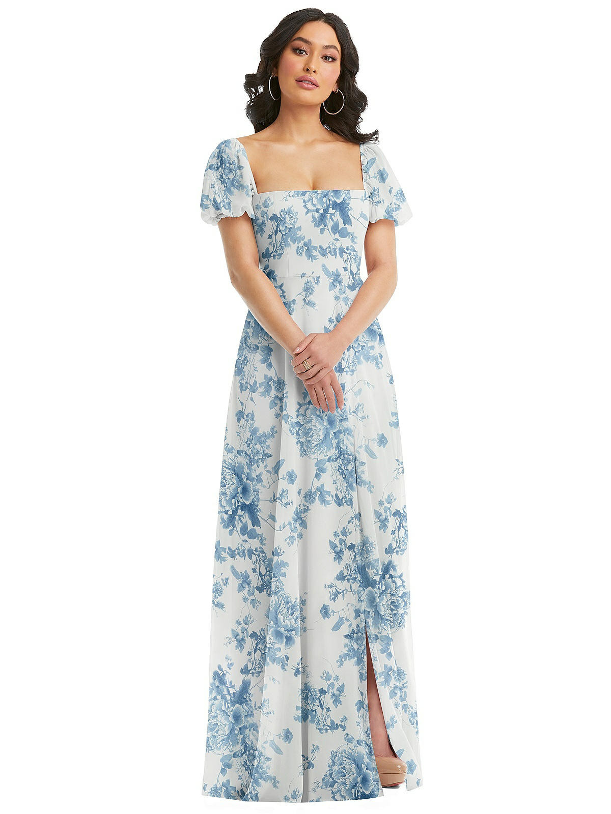 Puff Sleeve Chiffon Maxi Dress with Front Slit | The Dessy Group