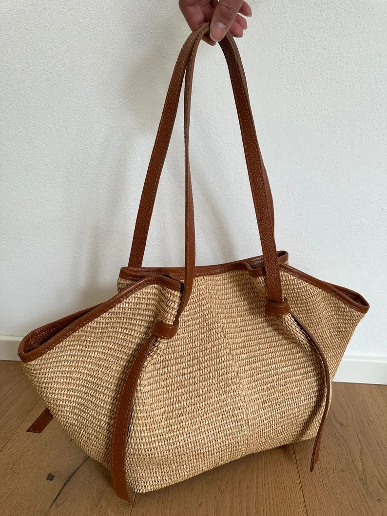 Shoulder Tote Bag in Genuine Leather and Raffia, Italian Tote Bag, Made in Italy Bag, Summer Raff... | Etsy (Global)