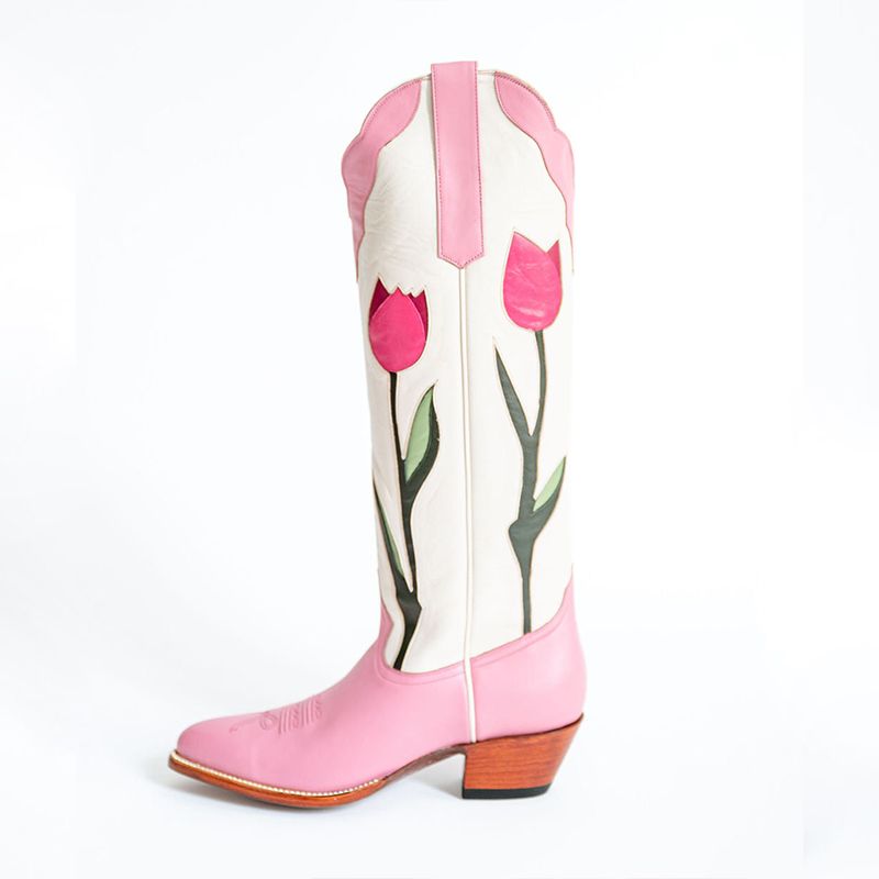 Pink Tulips Below The Knee Heeled Cowboy Boots for Women | FSJshoes
