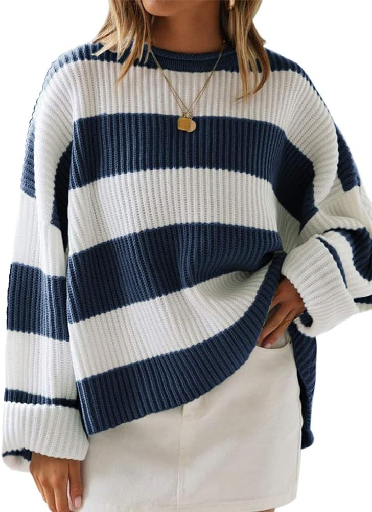 ZESICA Women's 2023 Fall Long Sleeve Crew Neck Striped Color Block Comfy Loose Oversized Knitted ... | Amazon (US)