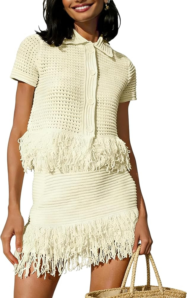Tanming Womens 2 Piece Crochet Outfits Set Short Sleeve Button Knit Sweater Tops Fringe Skirt Sum... | Amazon (CA)