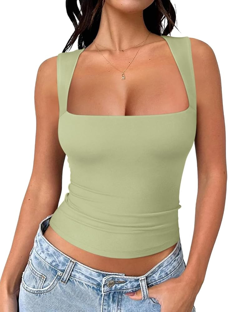 REORIA Butsmooth® Women's Square Neck Going Out Crop Tops Double Lined Cute Basic Tank Tops 2025... | Amazon (US)