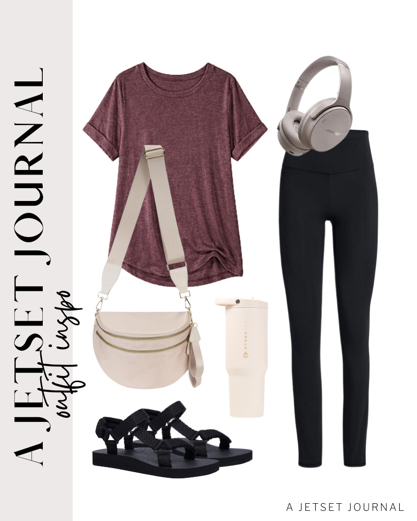 You can pair this maroon short-sleeve crewneck tee with black leggings for another outfit idea. Use a nylon crossbody bag and YOCCI sports sandals to style this outfit. Carry your HydroJug stainless-steel water bottle to match the look.

#LTKSeasonal #LTKSaleAlert #LTKTravel
 

 
