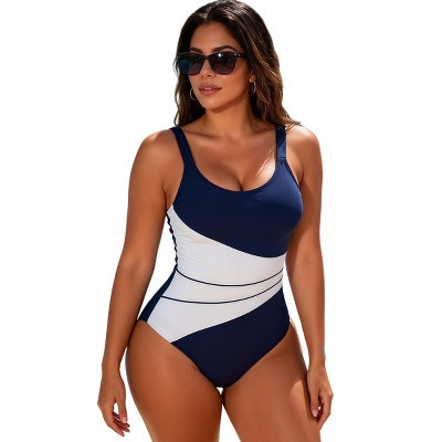 Women's One Piece Swimsuit with Adjustable Straps U-Back Crew Neck Bathing Suit Monokini,XXL,Navy blue | Target