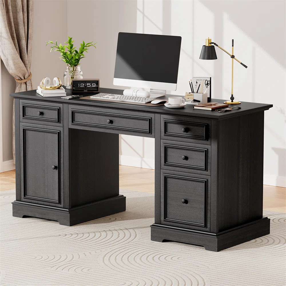 60" Farmhouse Executive Desk With Drawers And Cabinet, Embossed Texture Wood Home Office Desk, Ru... | Wayfair North America